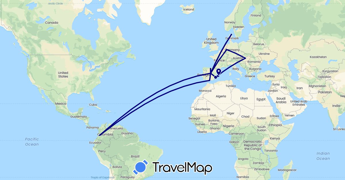 TravelMap itinerary: driving in Colombia, Germany, Denmark, Spain, Hungary (Europe, South America)